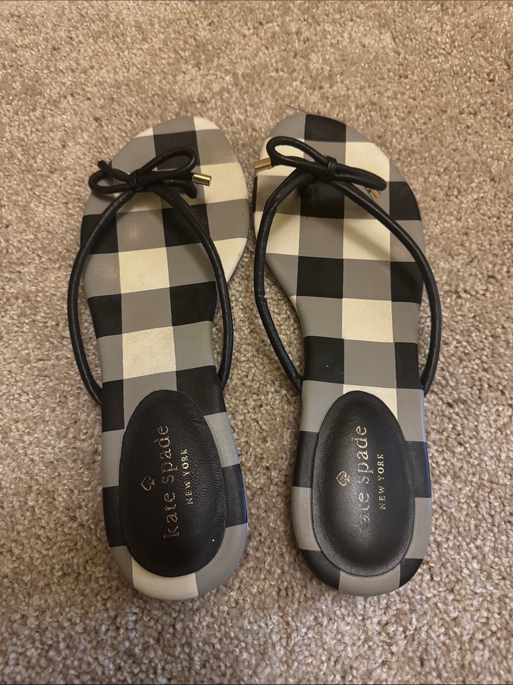 kate spade Black & White Gingham Bow Thong Sandals